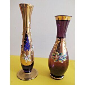 Two Vintage Czech Bohemian Glass Hand Painted Raised Floral Vases 8" & 7"